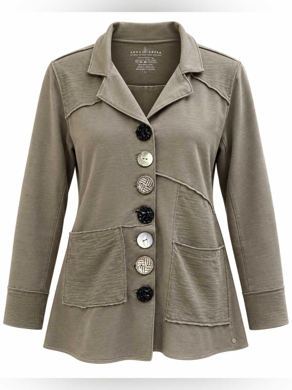 Neon Buddha Large Olive Taupe Mixed Button Cotton Jacket Lagenlook Boho
